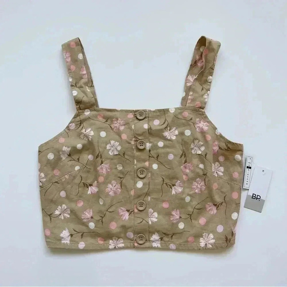 BP BUTTON FRONT LINEN BLEND TANK IN BEIGE- PINK SOPHIE FLORAL NWT - Picture 3 of 7